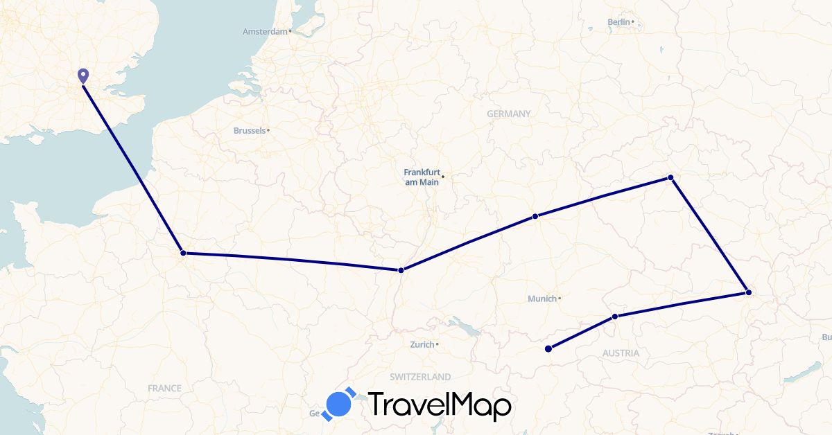 TravelMap itinerary: driving in Austria, Czech Republic, Germany, France, United Kingdom (Europe)
